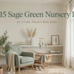 Sage green nursery decor with an armchair, woven bassinet, and olive tree in a calm, neutral room.