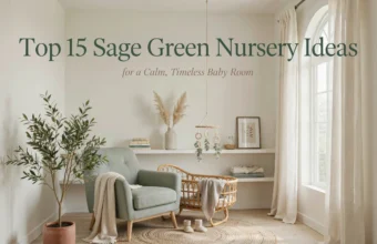 Sage green nursery decor with an armchair, woven bassinet, and olive tree in a calm, neutral room.