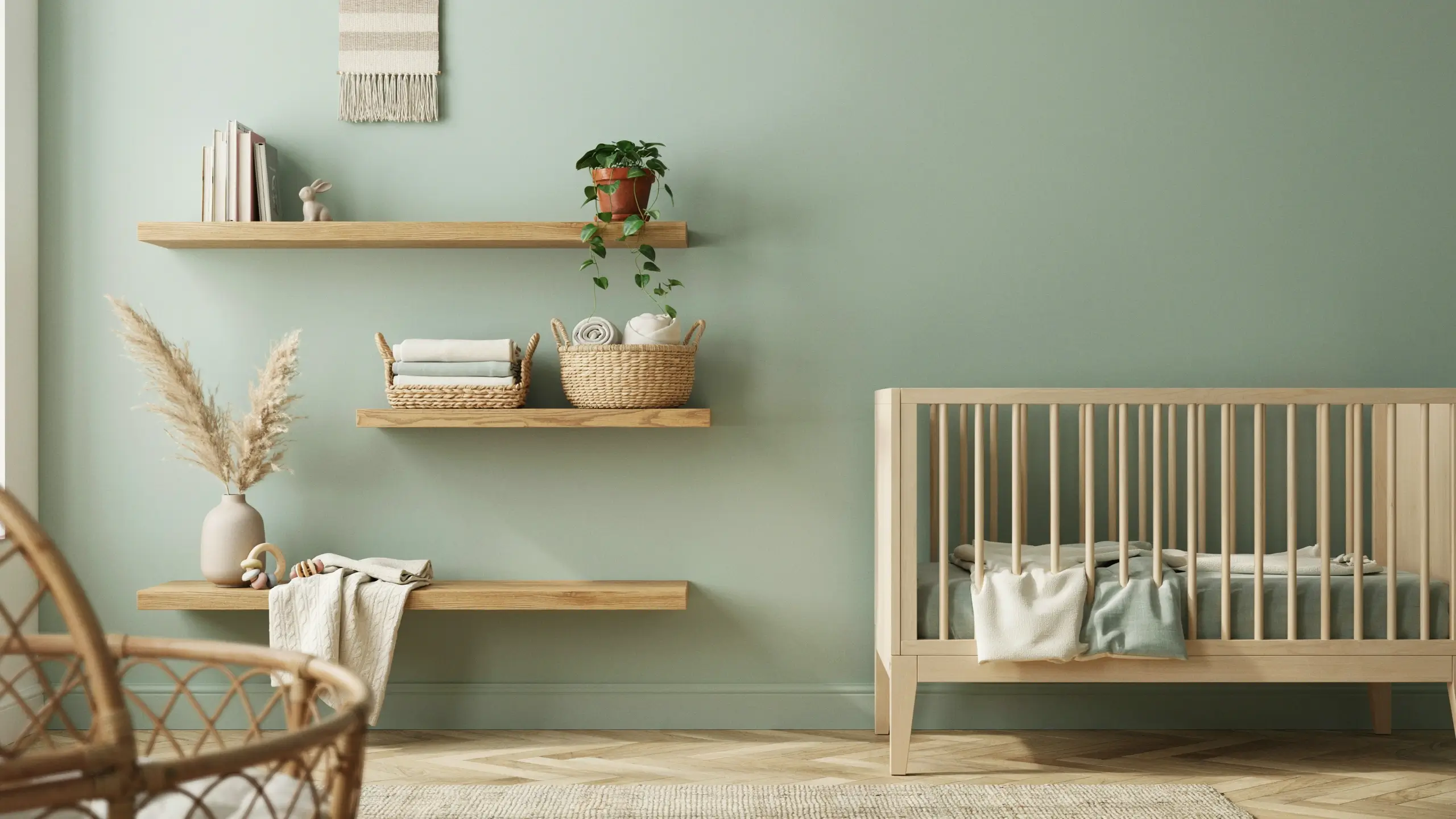 "Sage green nursery with trailing pothos greenery and a natural light wood crib, illustrating a calming minimalist decor scheme."