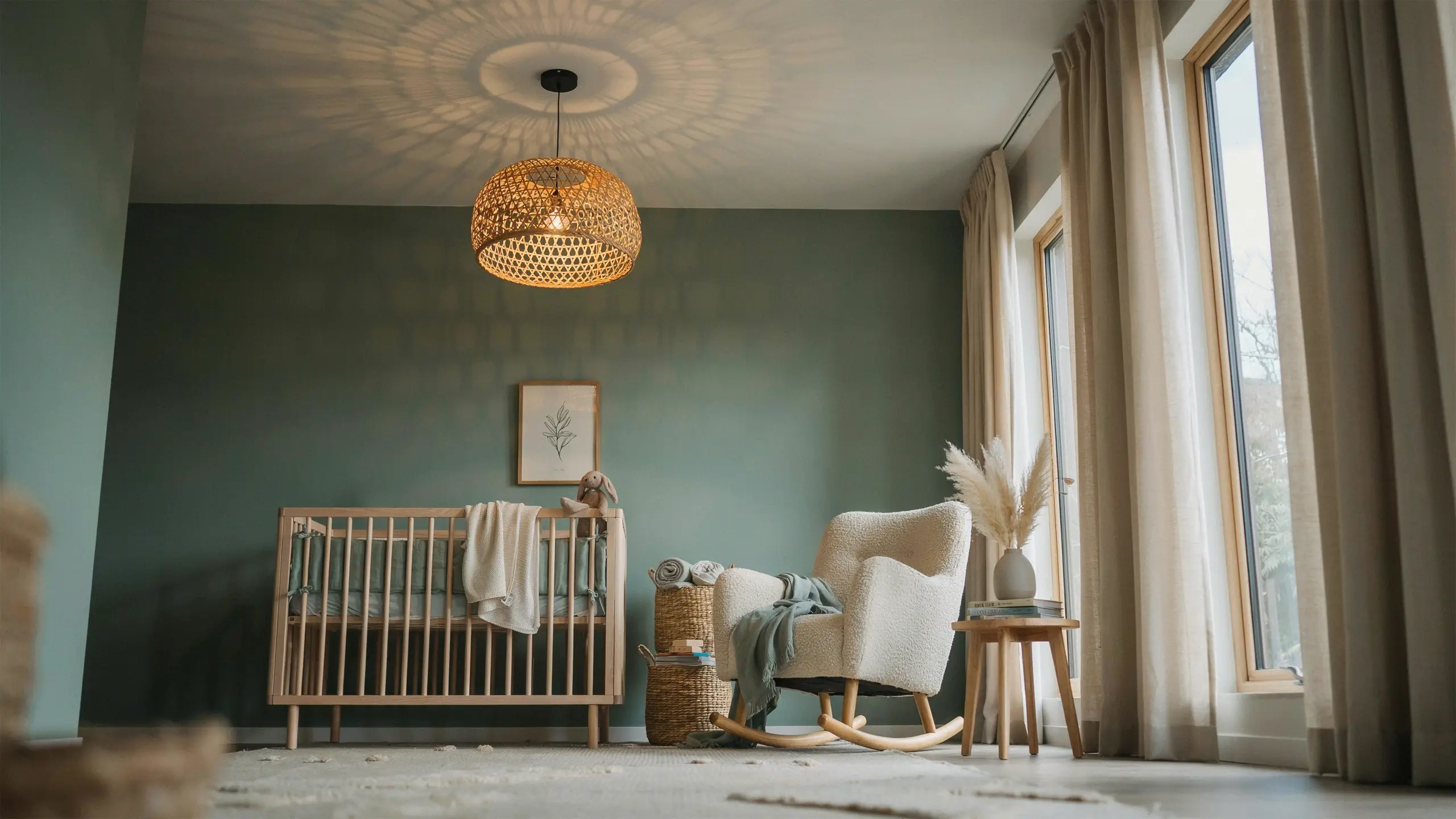 Sage green nursery with wooden crib, cream boucle rocking chair, and woven rattan pendant lamp.
