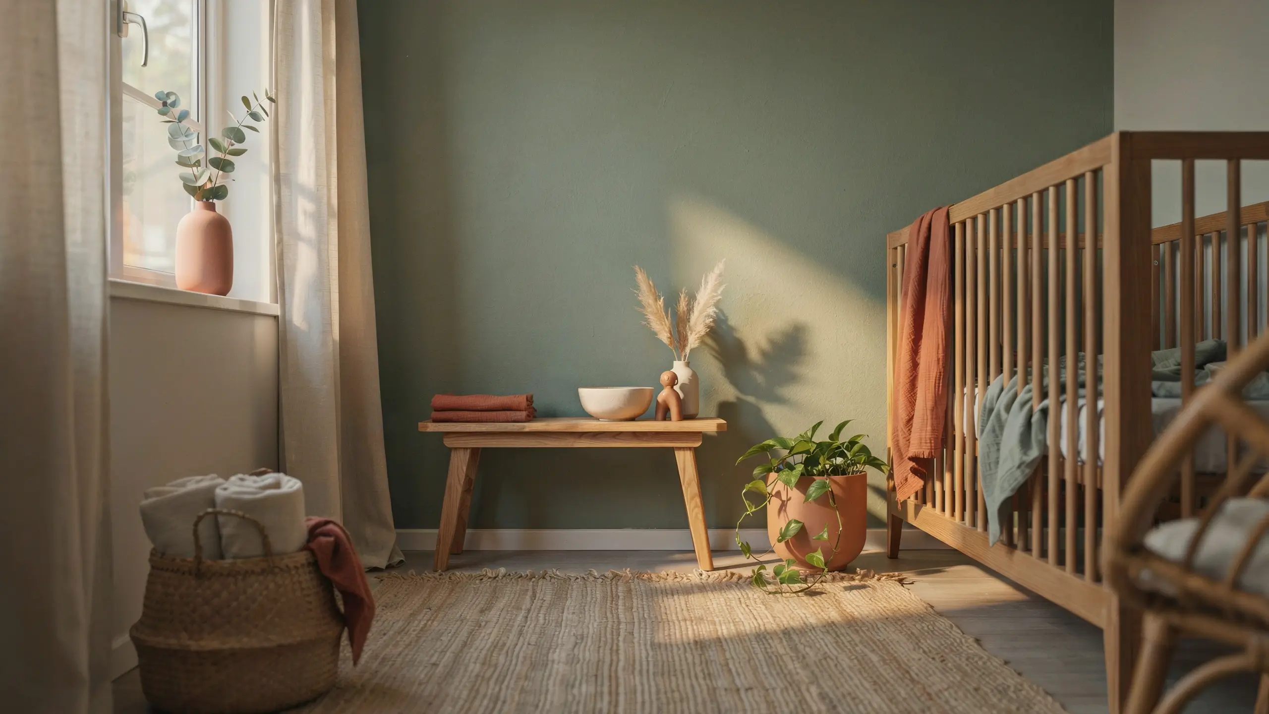 "Cozy sage green nursery room featuring a light wood crib, terracotta and blush pink accents, pampas grass decor, and a woven jute rug under warm natural sunlight."