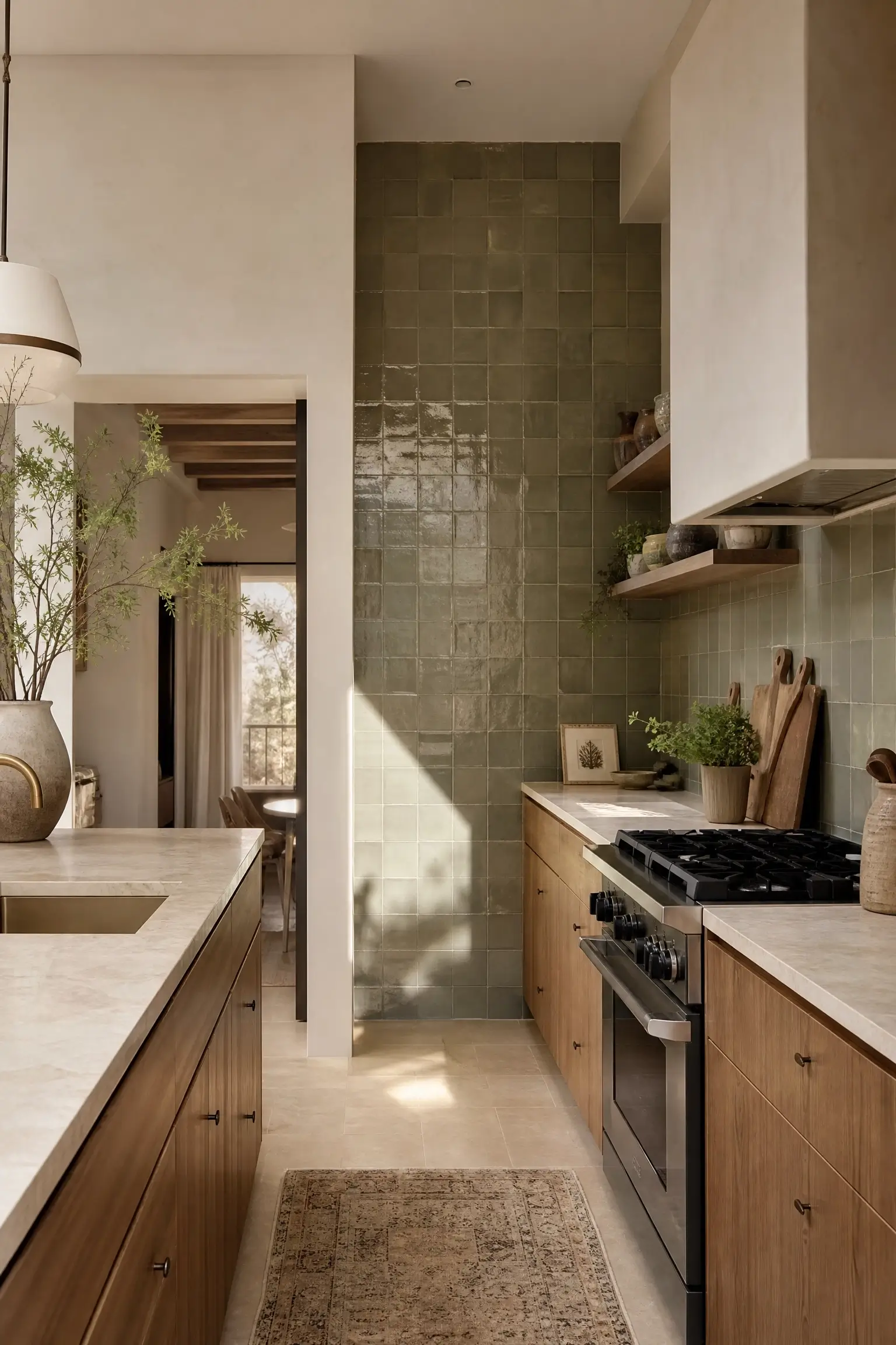Sage green zellige accent wall in a neutral wood kitchen with marble counters and warm natural light.