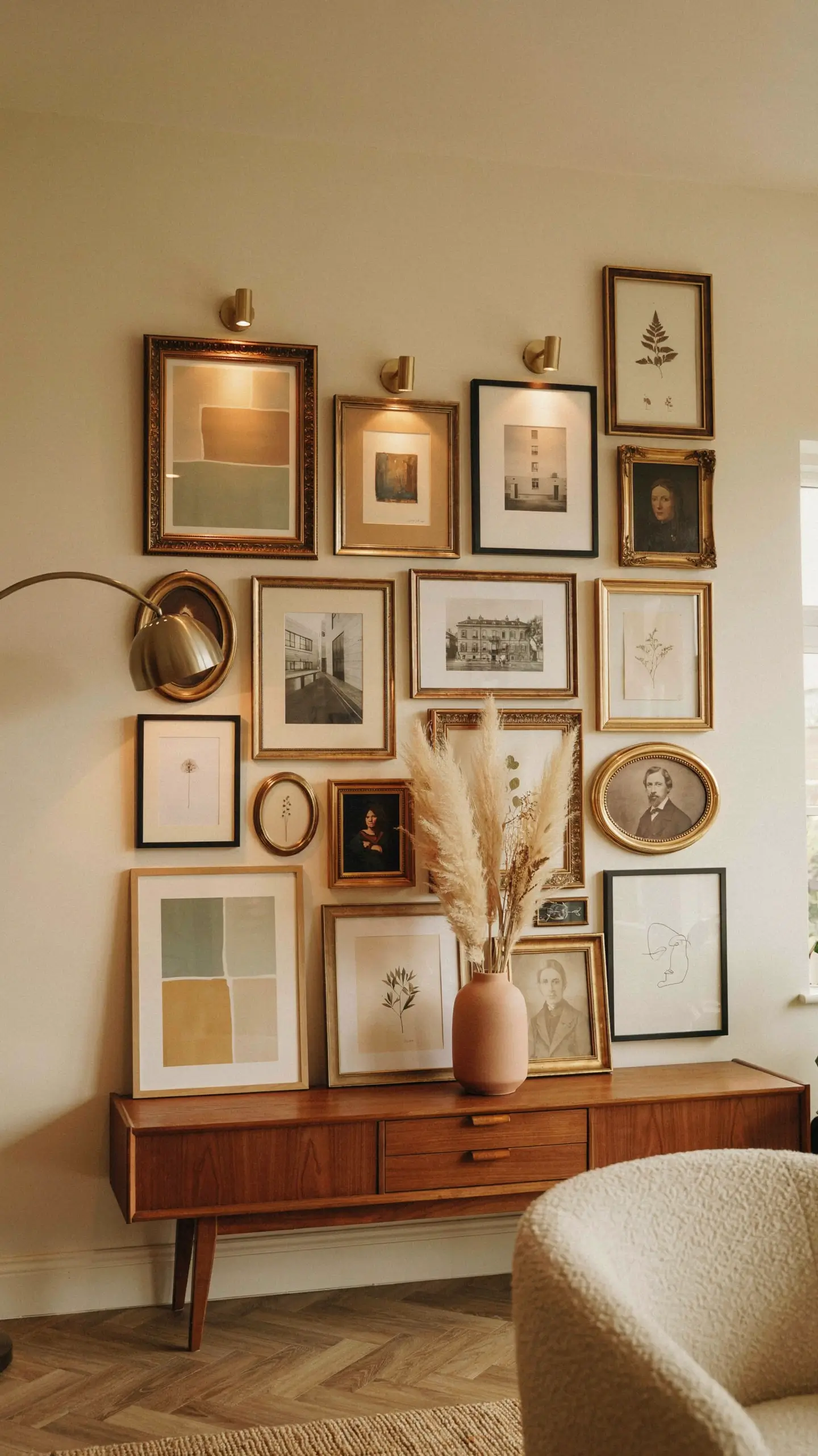 Eclectic salon-style gallery wall featuring diverse framed art and vintage botanical prints above a mid-century wooden console with pampas grass in a cozy, warm-toned living room. 