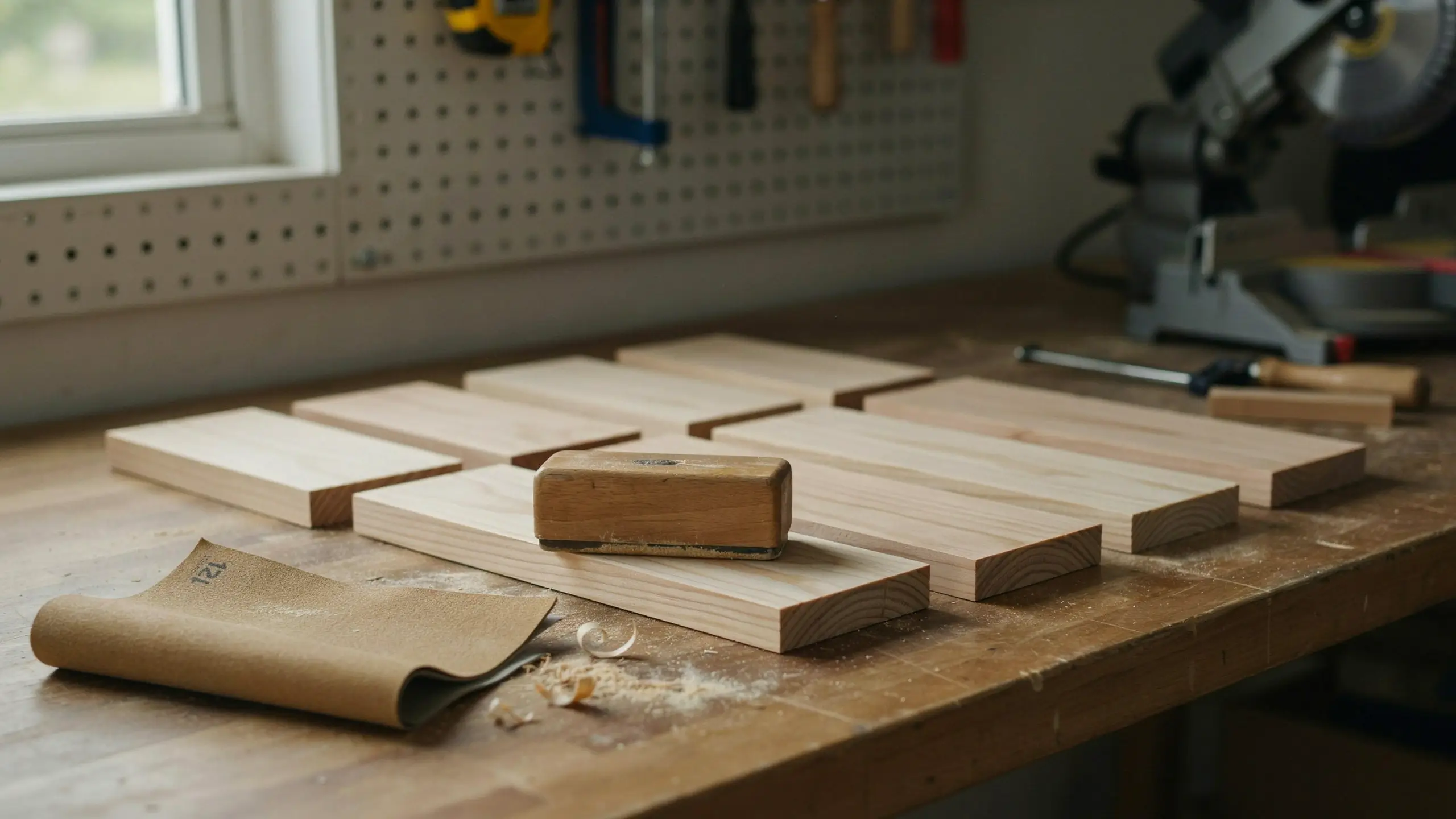 Sandpaper and a wooden sanding block rest on raw pine boards on a workbench, representing the critical pre-assembly sanding step in a woodworking workshop.