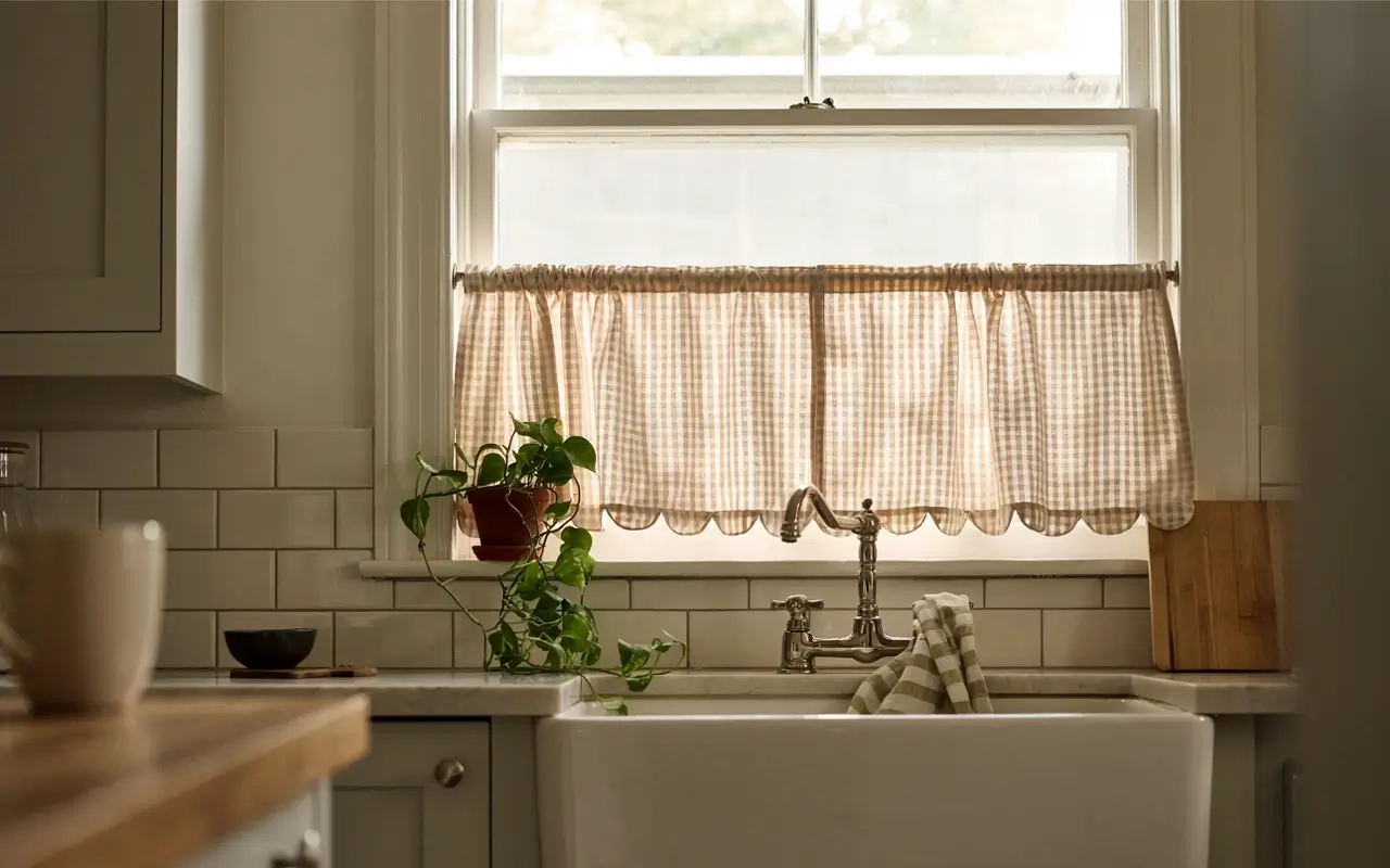 Scalloped gingham café curtain filtering soft light above a farmhouse kitchen sink.