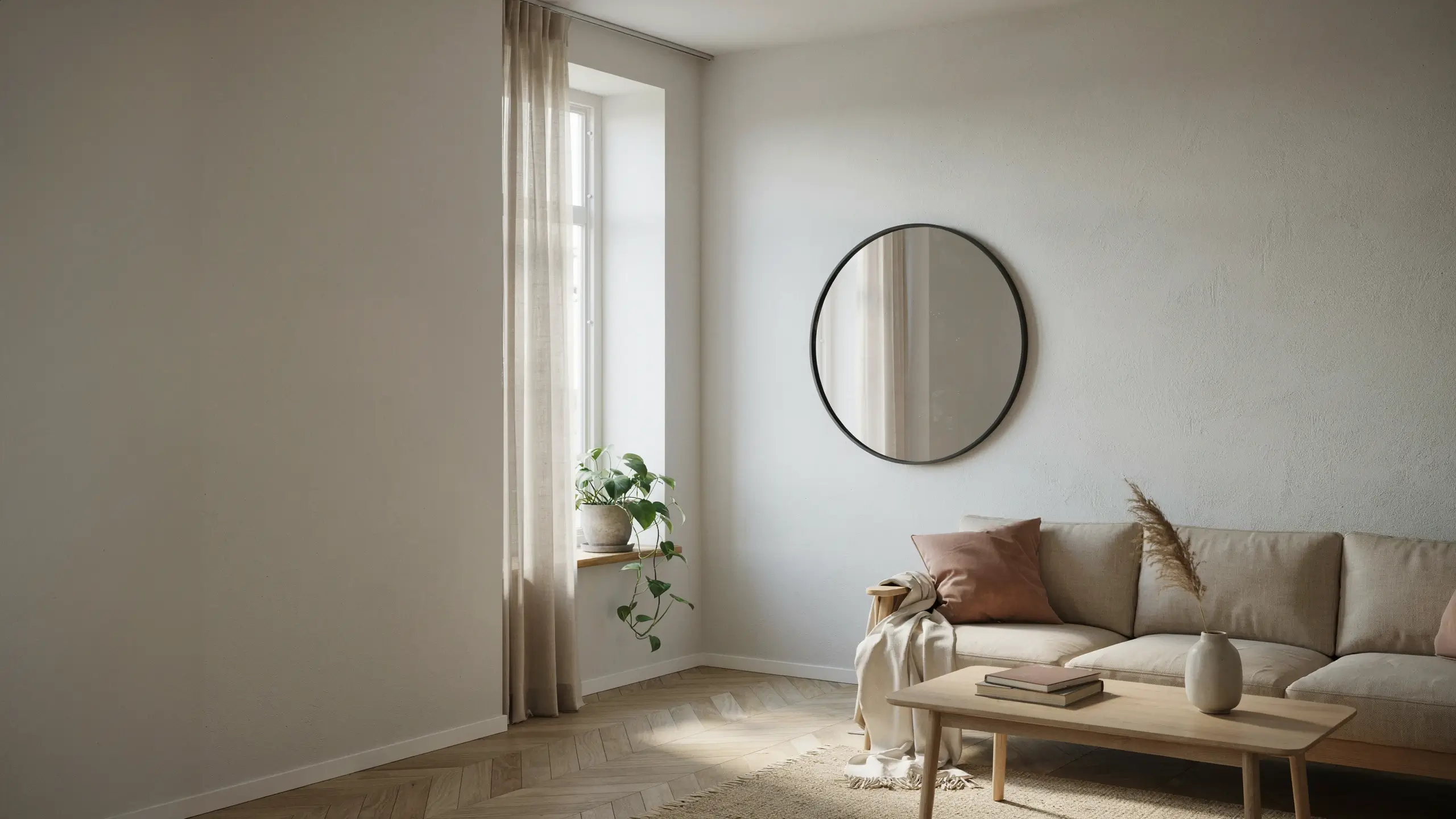 Bright Scandinavian minimalist living room with a round black-framed mirror, beige linen sofa, dusty pink throw pillow, and a potted pothos plant on a window sill.