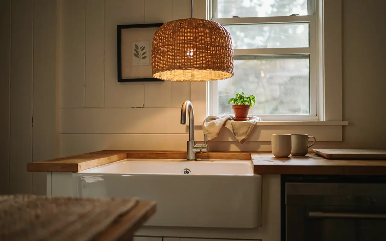 Sculptural wicker pendant light above a farmhouse kitchen sink with wood counters and warm window light.