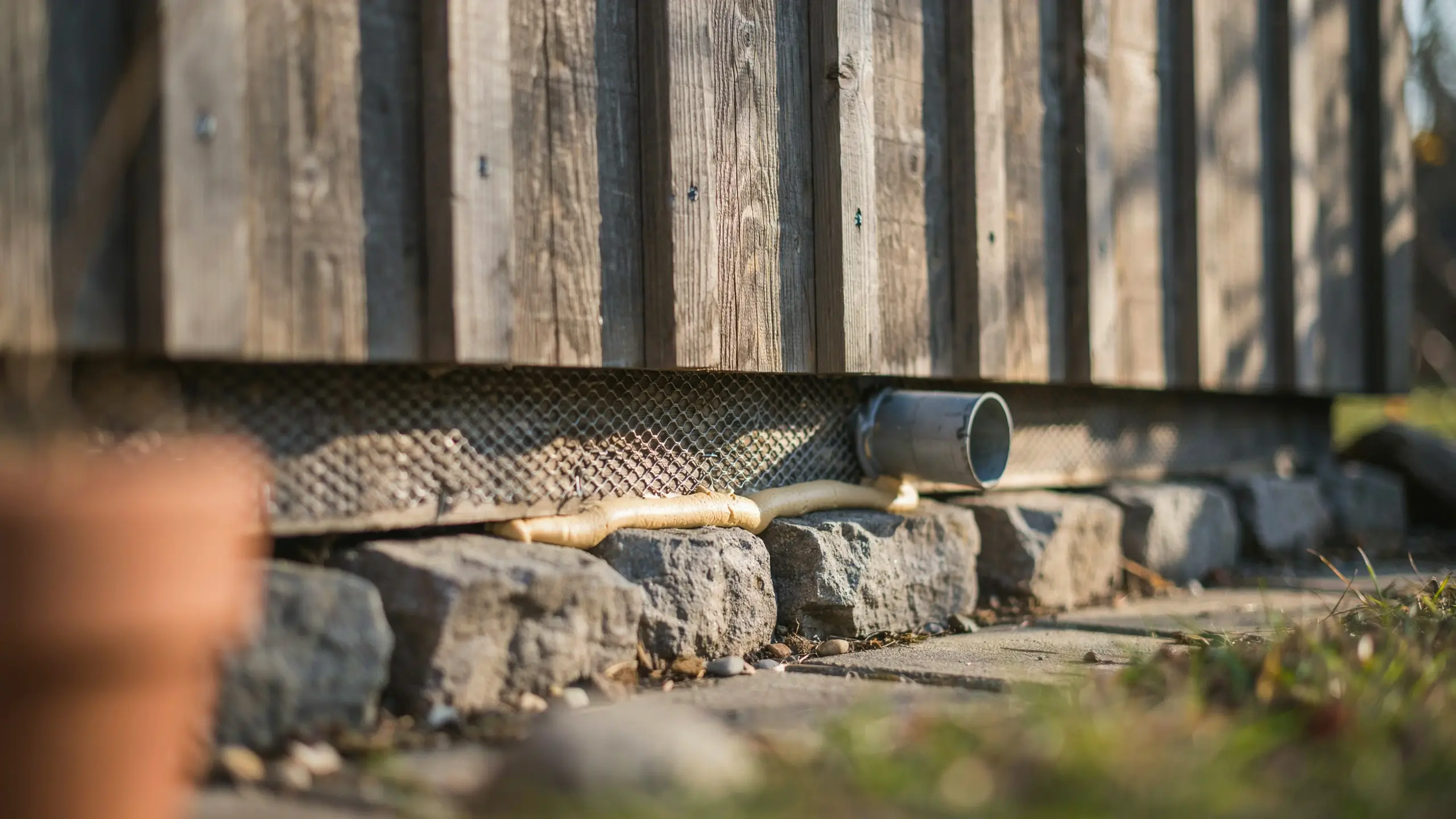 Low-angle view of a wooden shed resting on a stone foundation, where a metal wire mesh and a grey PVC drain pipe are installed. A bead of flexible sealant lies along the base, demonstrating how to completely seal foundation gaps to prevent rodents, drafts, and water ingress