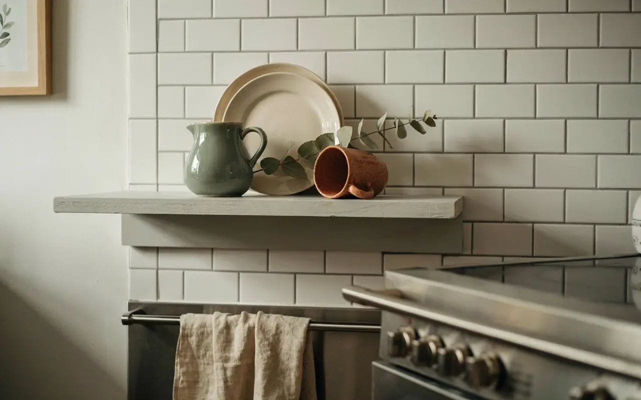 Painted wood kitchen shelf near a stove with ceramics on a white subway tile backsplash.