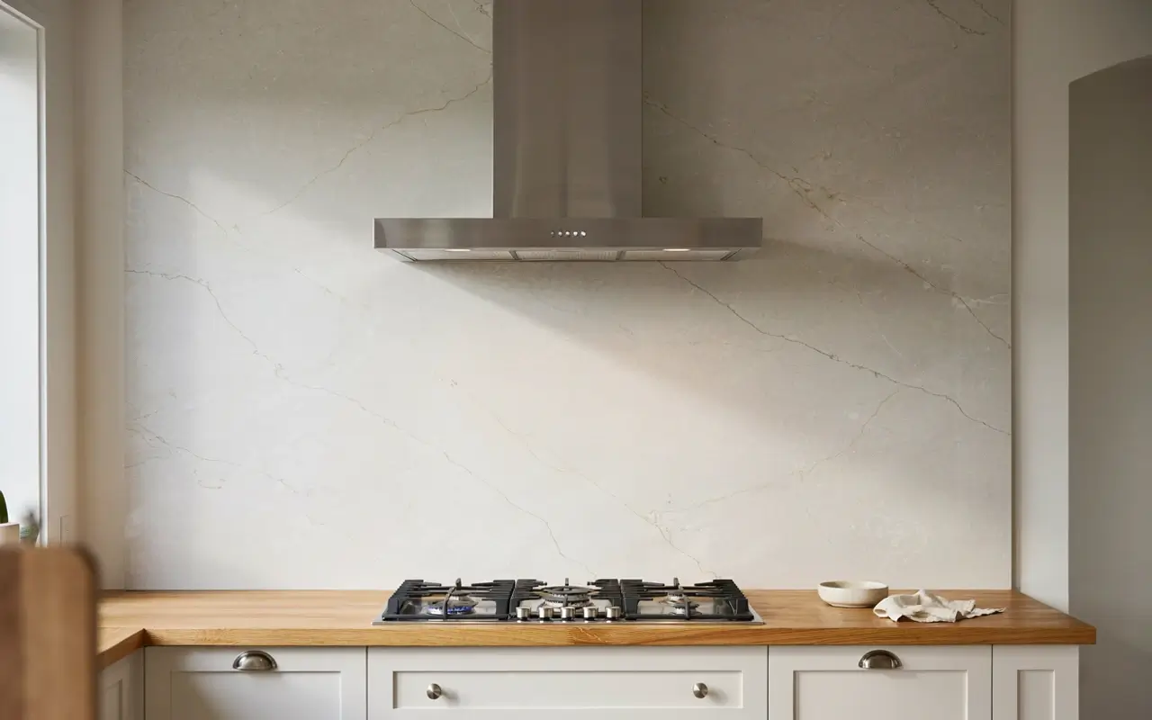Seamless stone slab backsplash running into a stainless range hood above a gas cooktop.