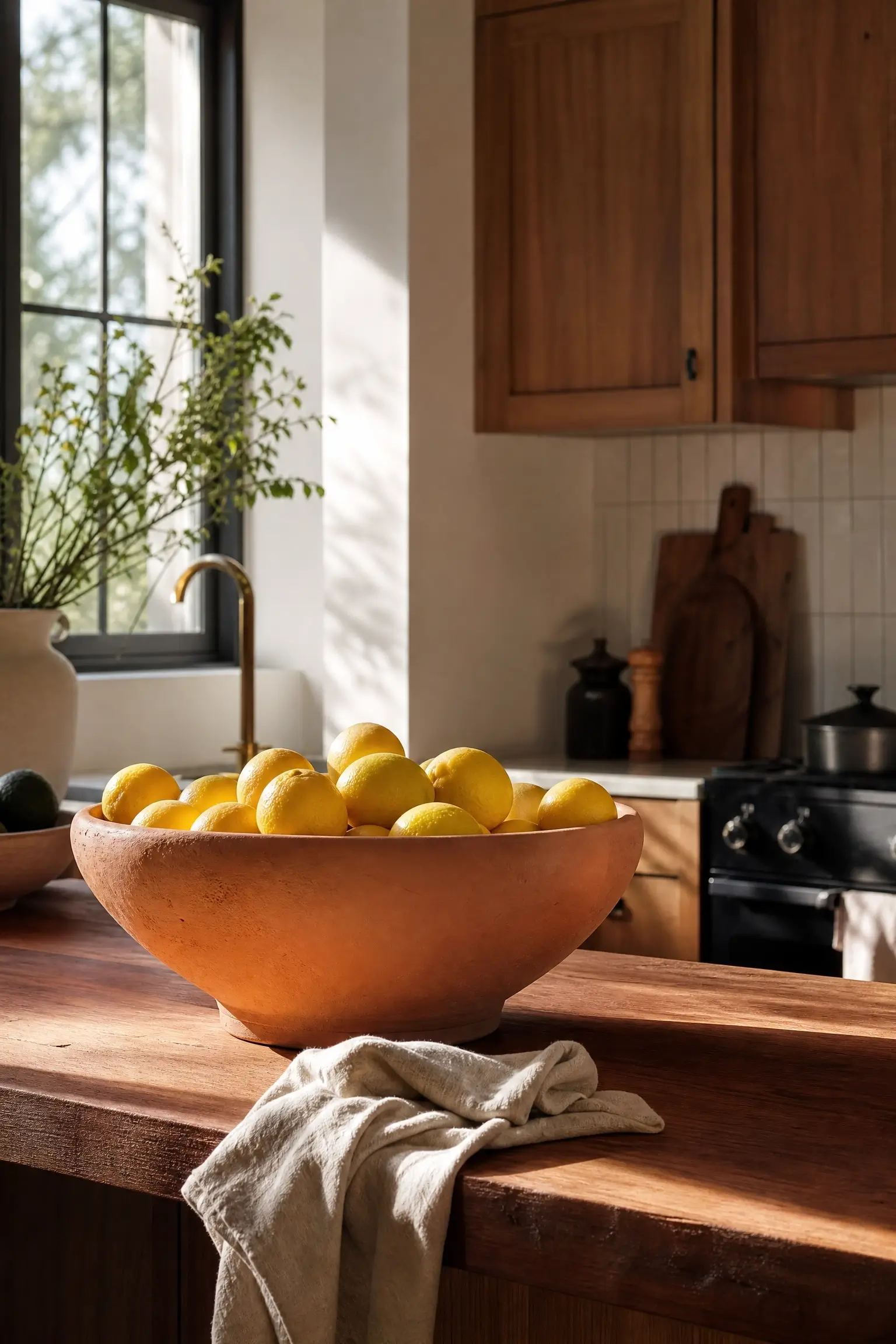 Lemons displayed in a worn earthenware bowl on a wooden kitchen island with warm natural light.