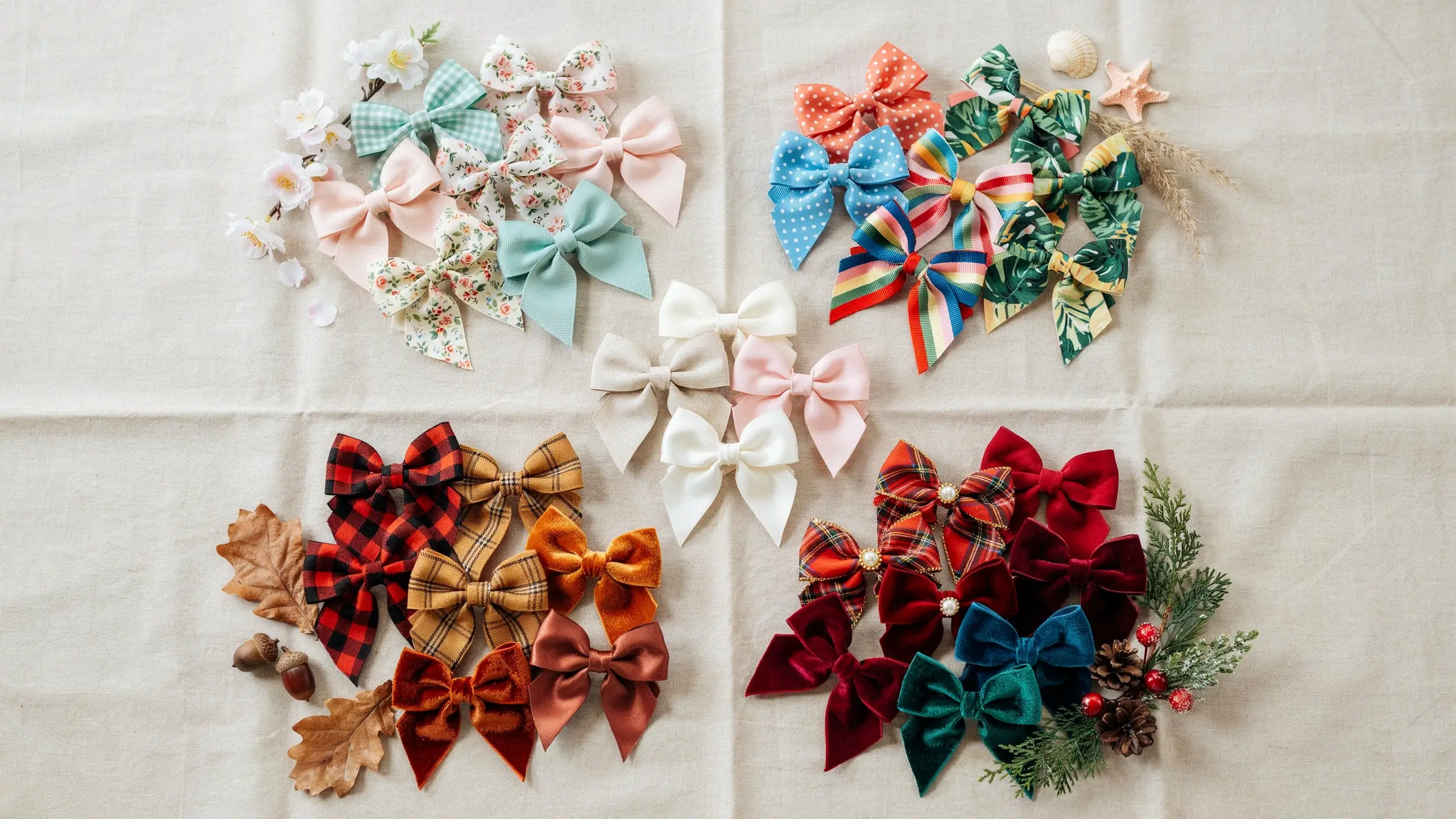 Alt Text: Seasonal hair bow color and style ideas for spring, summer, fall, and winter