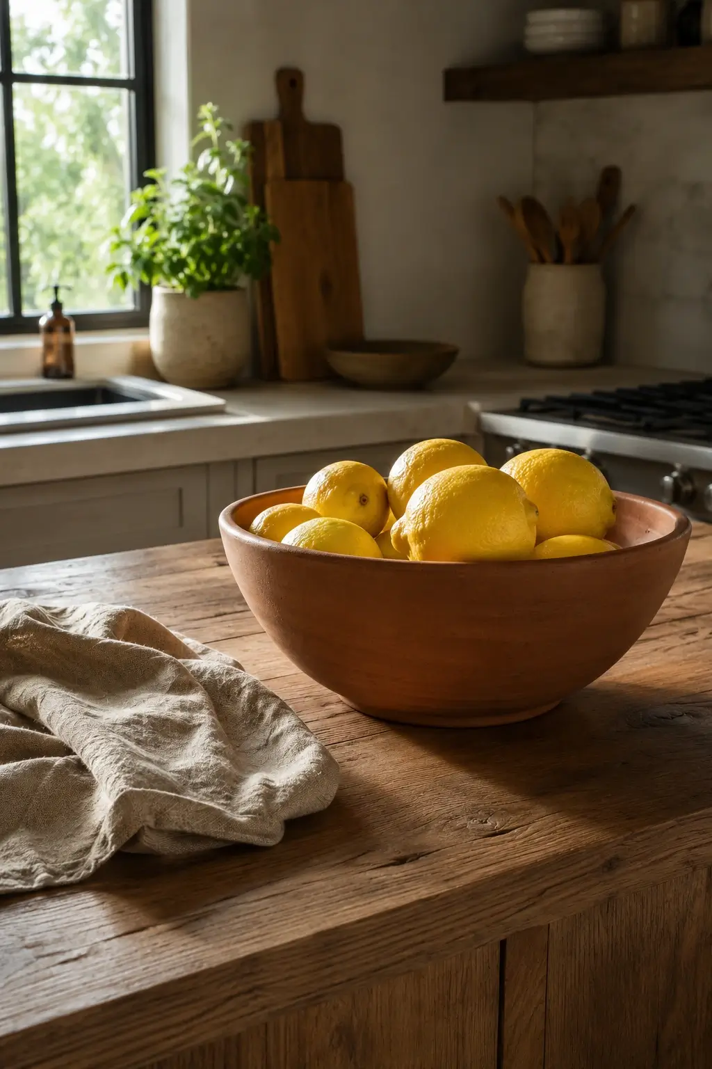 Earthenware bowl of lemons on a rustic kitchen island with linen napkin and warm window light.