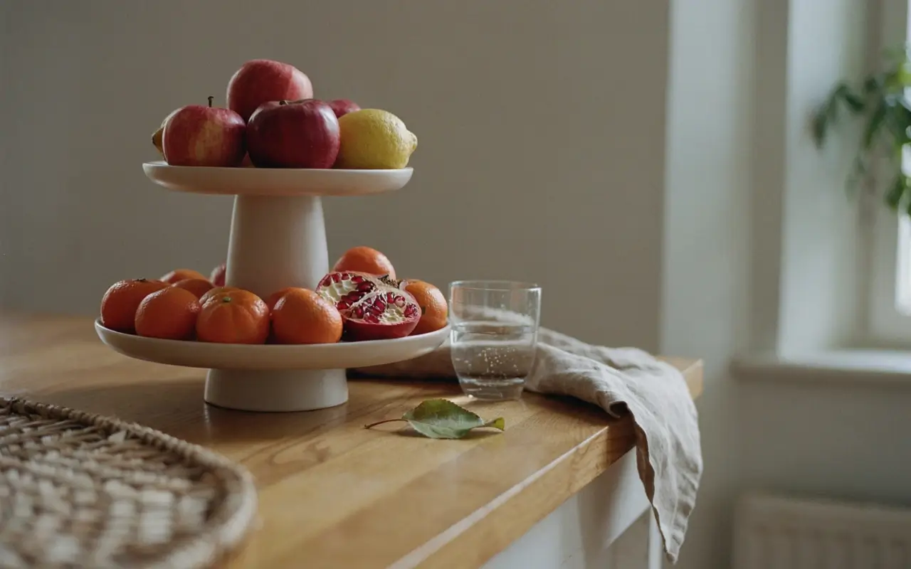 Layered cake stand with apples, citrus, and pomegranate styling a wooden kitchen table.