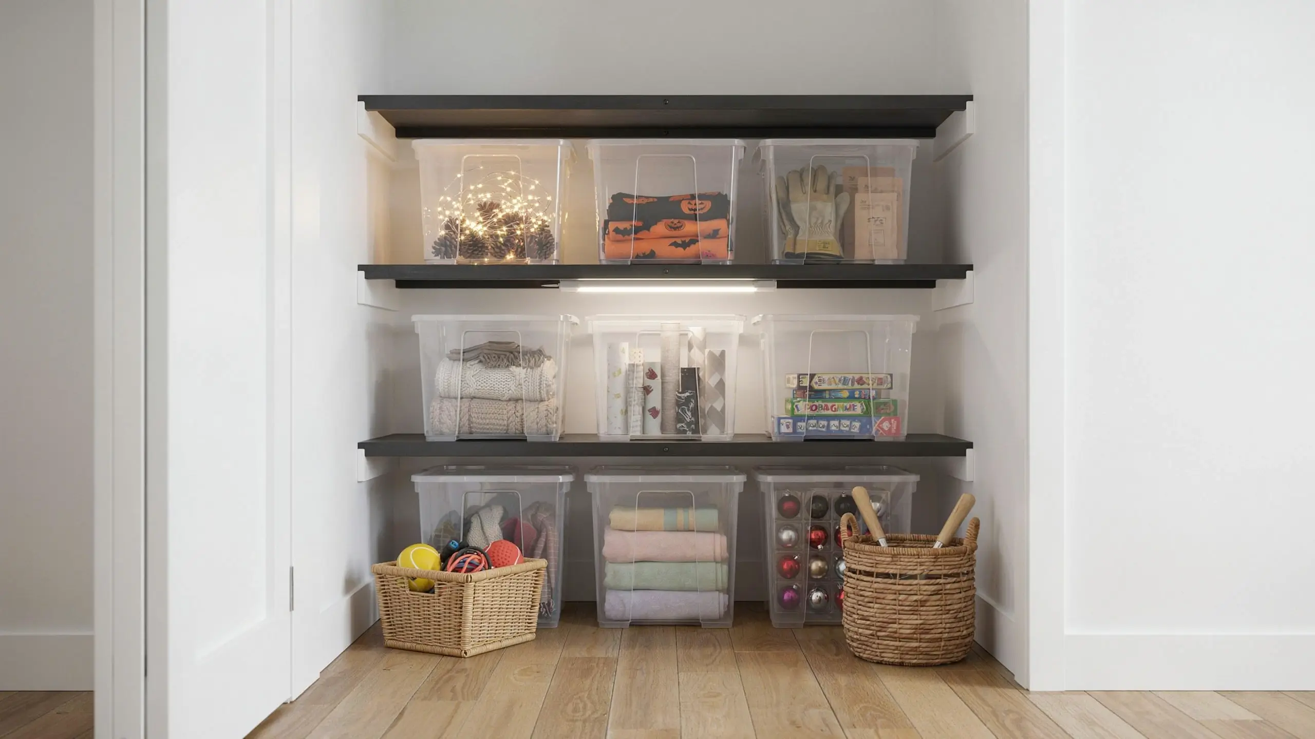 Clear plastic storage bins on black shelves organizing seasonal decorations, blankets, and household items in a brightly lit white closet with wicker baskets on the floor. 