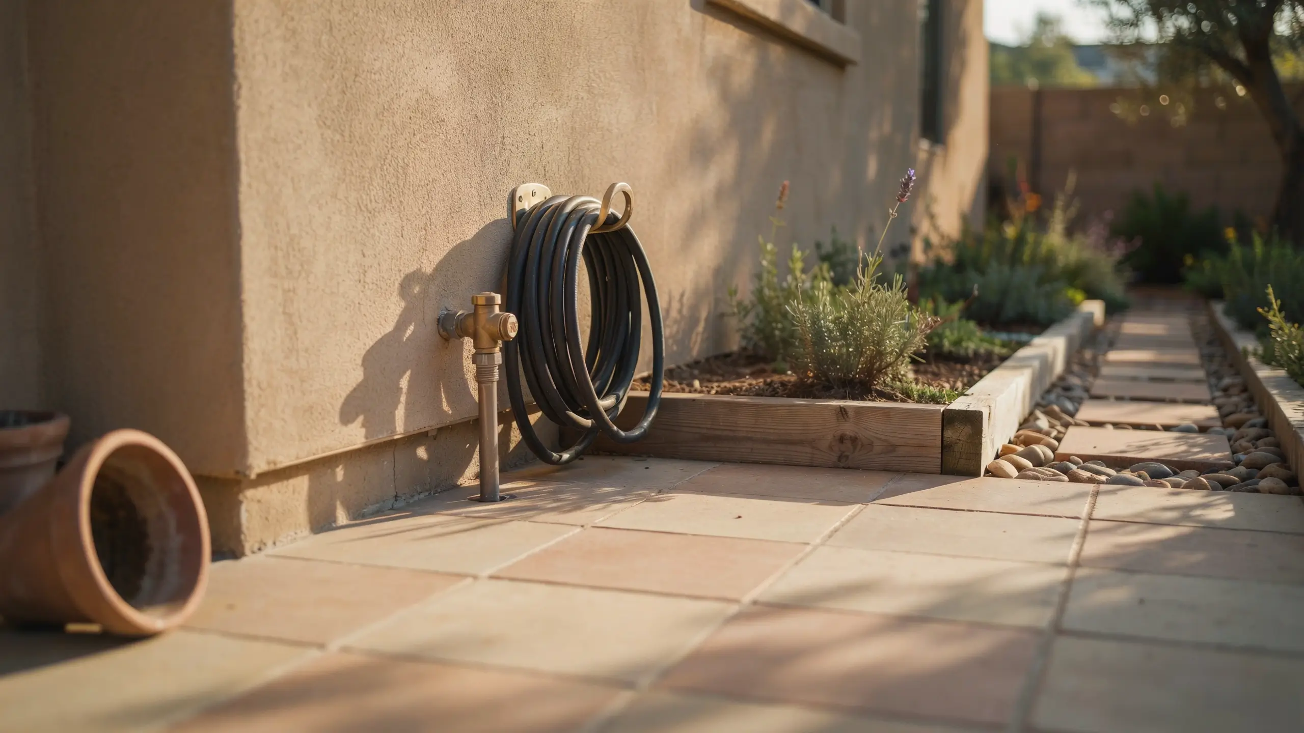 Outdoor brass water spigot with a coiled black garden hose on a metal wall mount, situated on a tiled patio next to a raised wooden planter box and stone pathway
