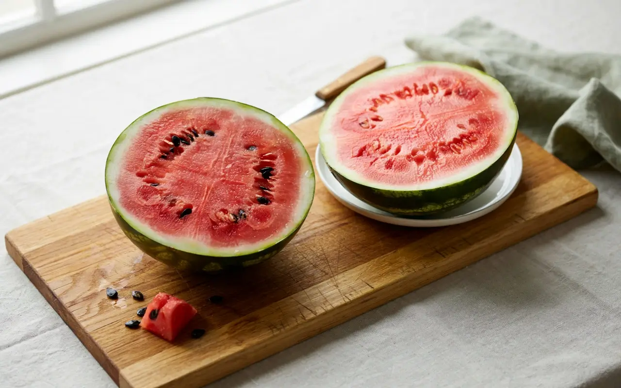 Seeded and seedless watermelon halves on a wooden board for comparing sweetness and texture.