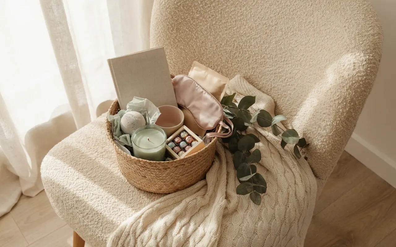 Self-care Sunday basket with a candle, bath bomb, sleep mask, mug, chocolates, book, and cozy blanket