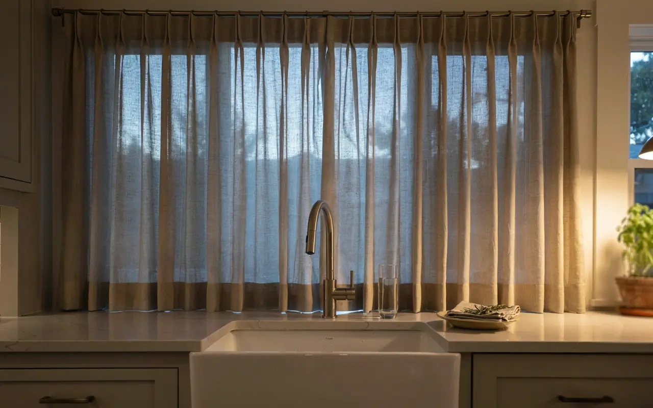 Semi-sheer curtain over a kitchen sink window, filtering evening light while adding privacy.