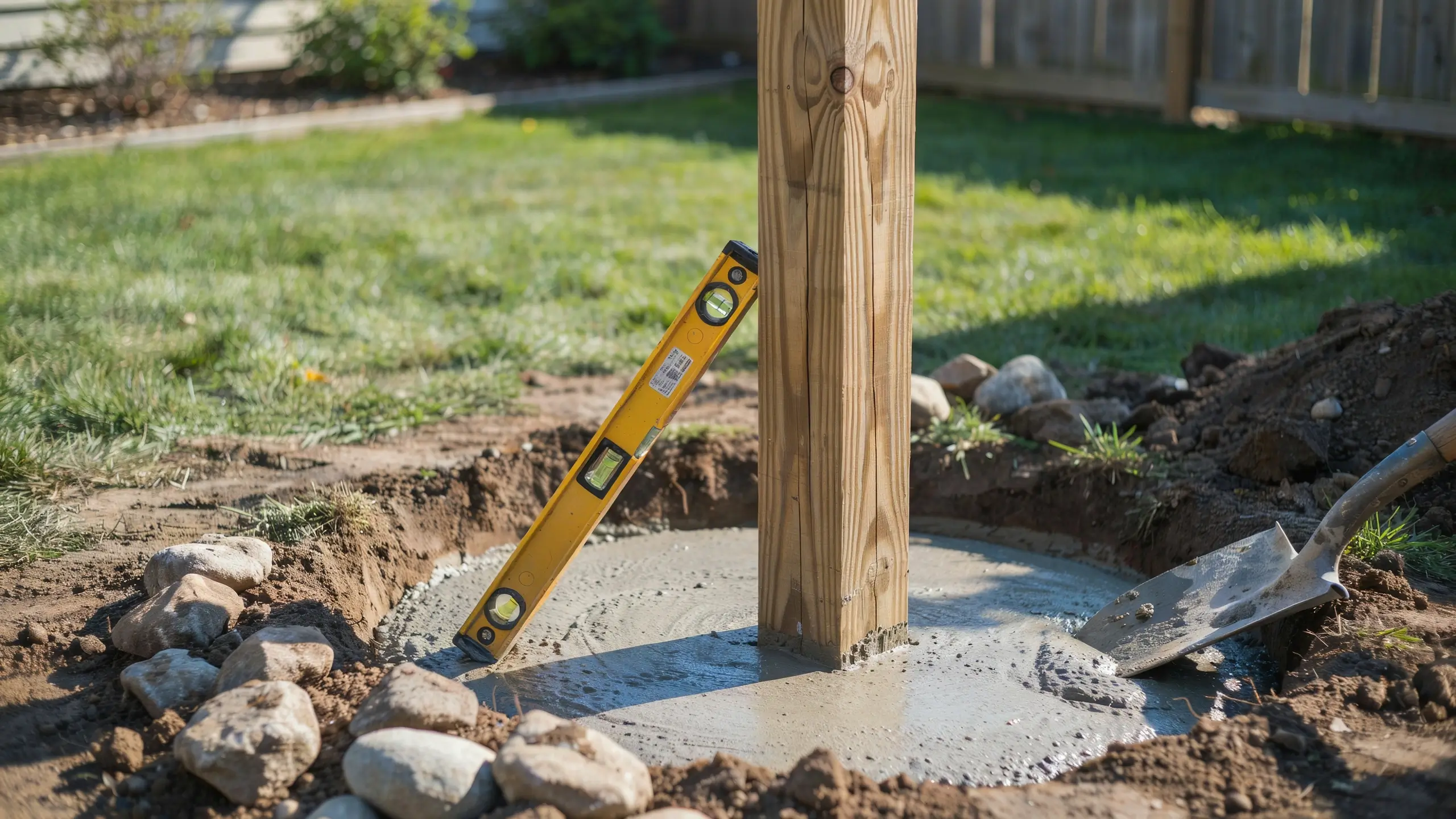 A close-up of a wooden fence post being set into freshly poured wet concrete, with a yellow spirit level leaning against the wood to check the plumb and ensure the post is perfectly straight for a backyard DIY project.