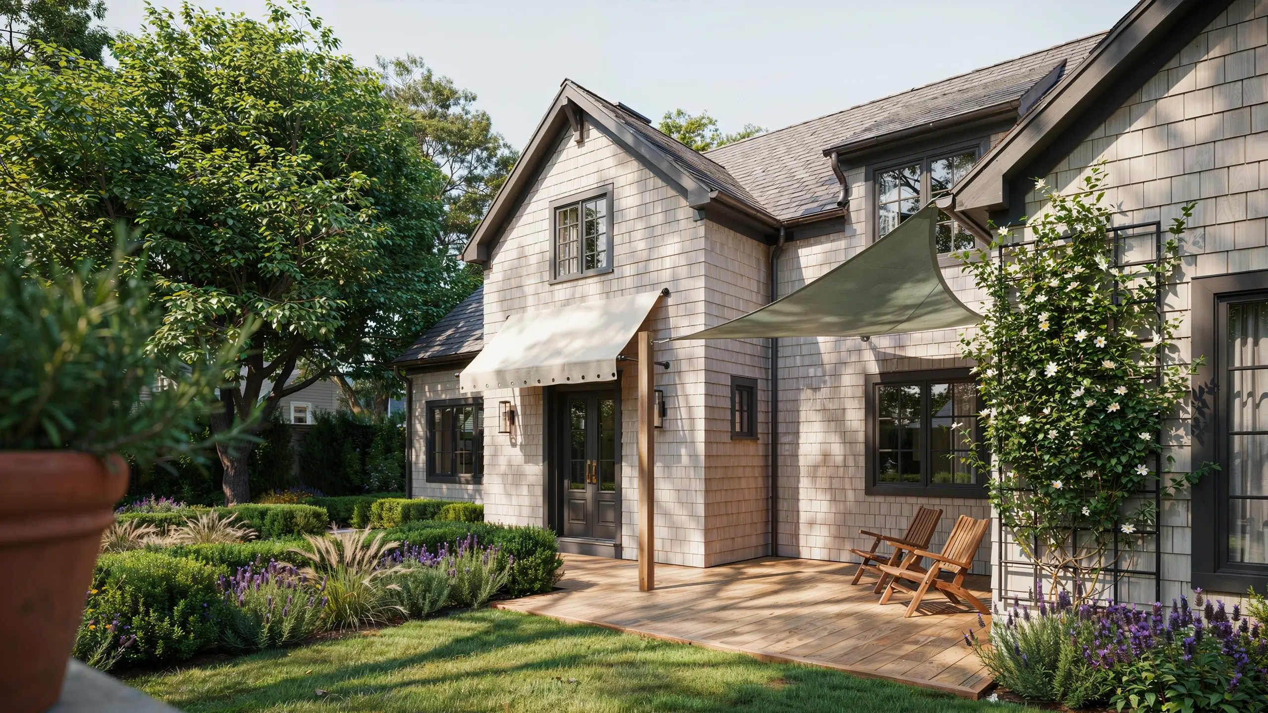 A shaded outdoor wooden deck featuring a white awning and modern green sail, complemented by purple lavender bushes and climbing white flowers.