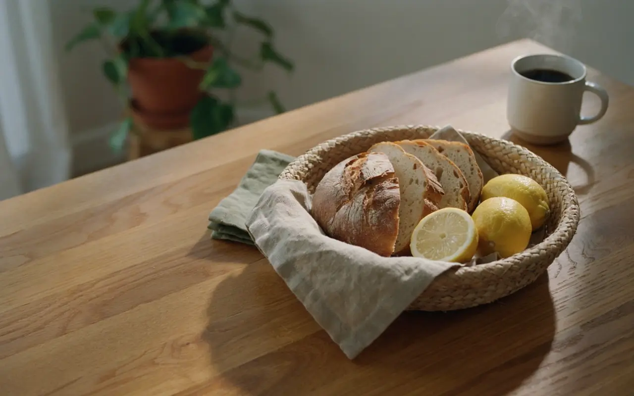 Shallow woven basket lined with a tea towel holding sliced bread and lemons on a wooden table.