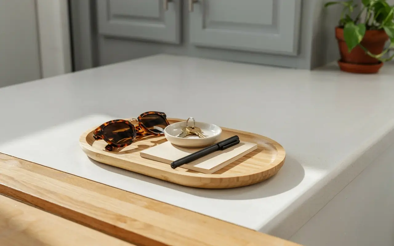 Shallow wooden catch-all tray holding sunglasses, keys, a notebook, and pen on a kitchen island.