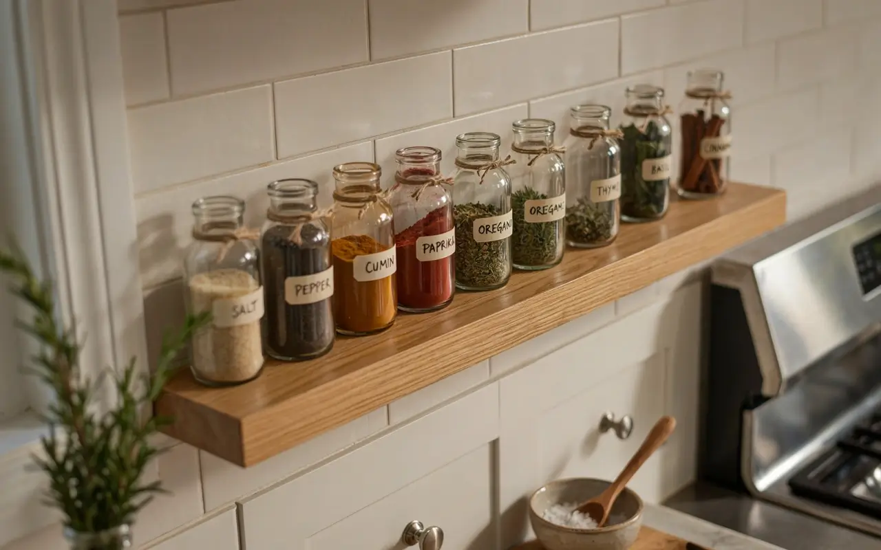 Glass spice jars on a shallow wooden shelf beside the stove to keep kitchen counters clear.