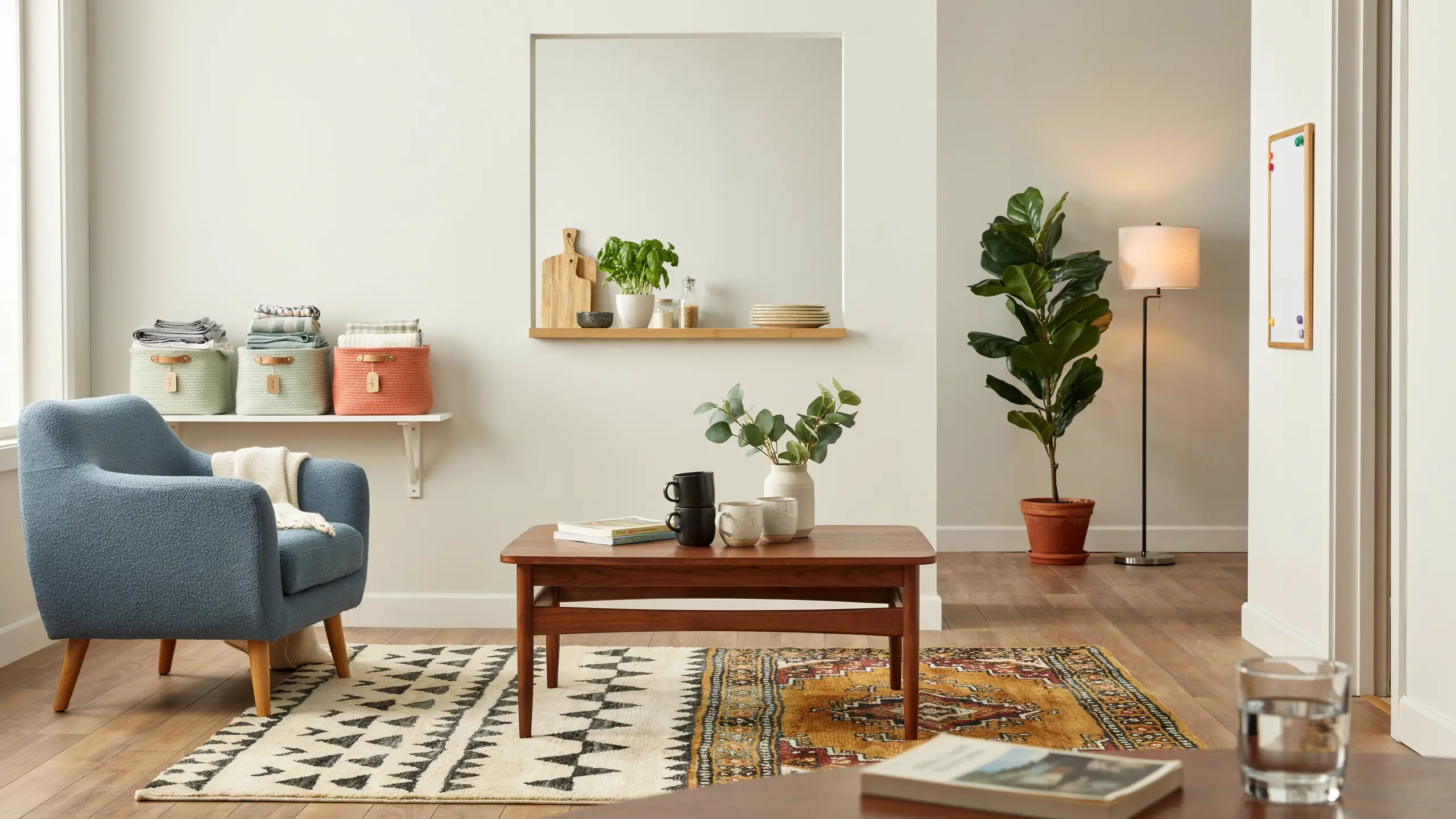 Cozy shared living room with a blue armchair, woven storage baskets, and a coffee table illustrating roommate coordination and organization.
