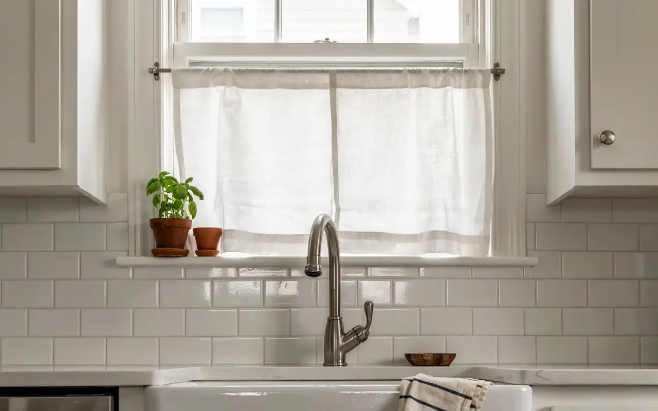 Sheer white café curtain mounted above subway tile behind a kitchen sink with a chrome faucet.
