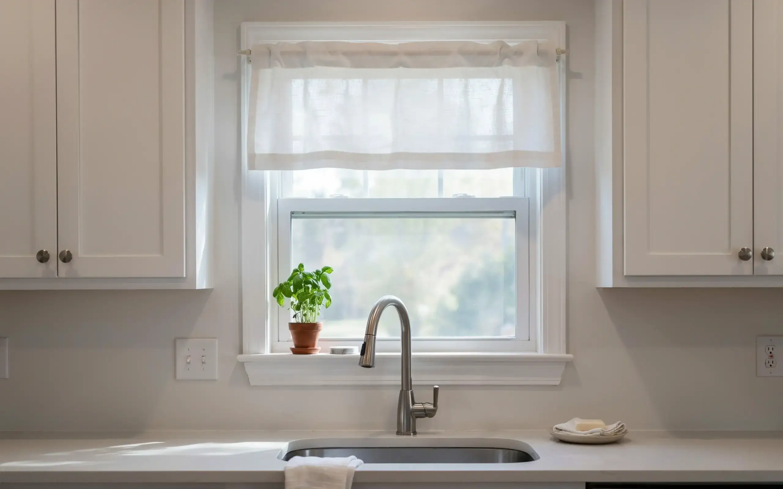 Sheer linen café curtain over a north-facing kitchen sink window with soft light and white cabinets.