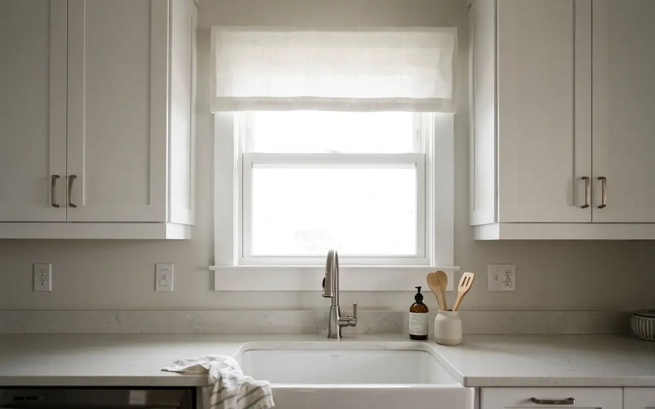 White kitchen sink window with a sheer linen valance that keeps the main light source bright.
