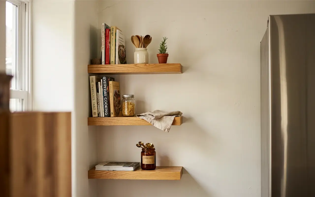 Three wood floating shelves fill the narrow wall beside a stainless fridge with cookbooks, jars, and herbs.