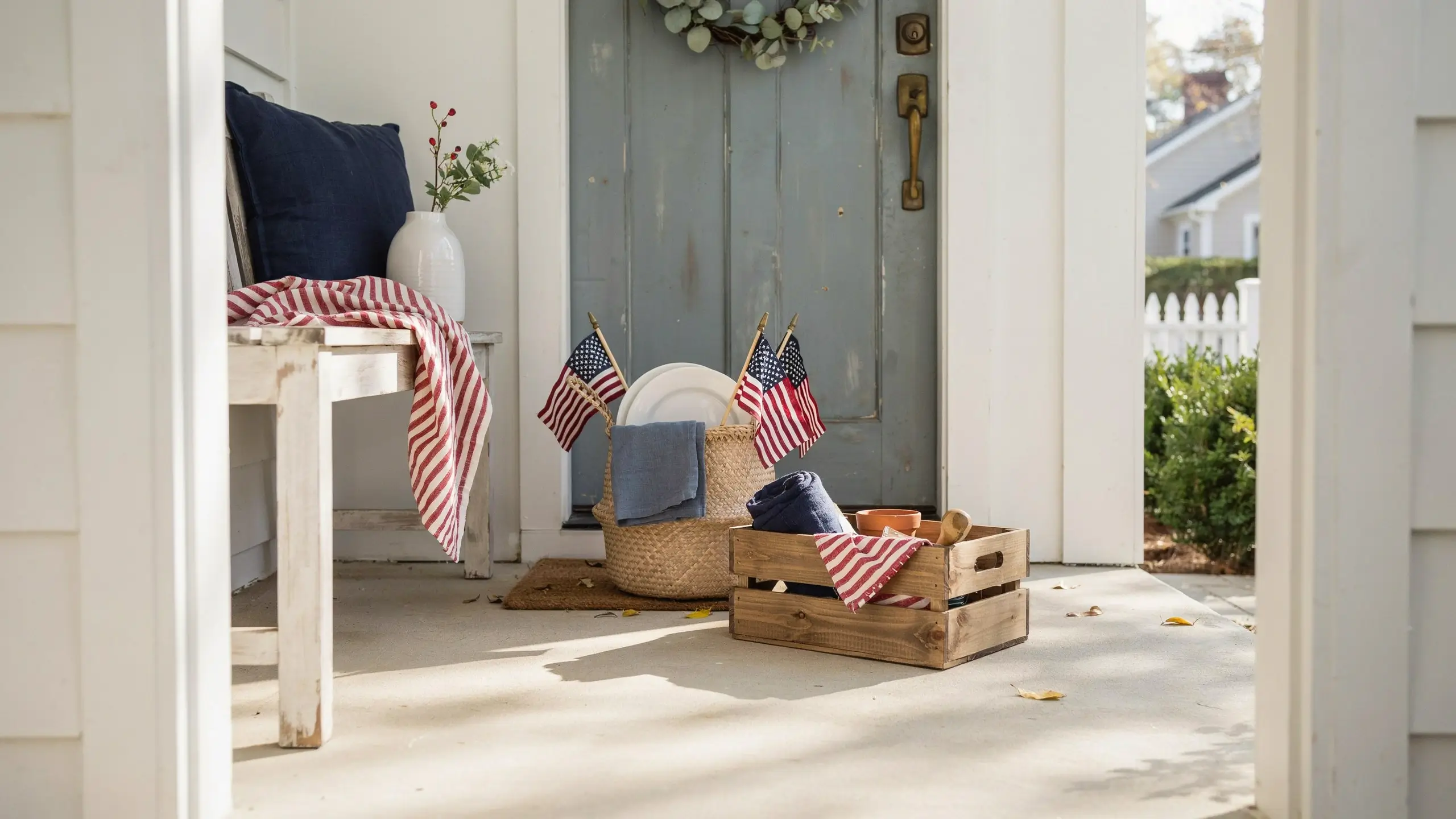 Repurposed baskets, wooden crates, flags, and striped textiles decorating a July 4th front porch.