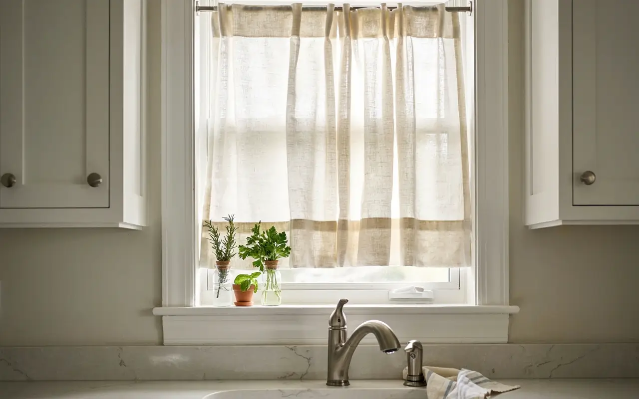 Short sheer café curtain above herb jars on a bright kitchen sink window sill.