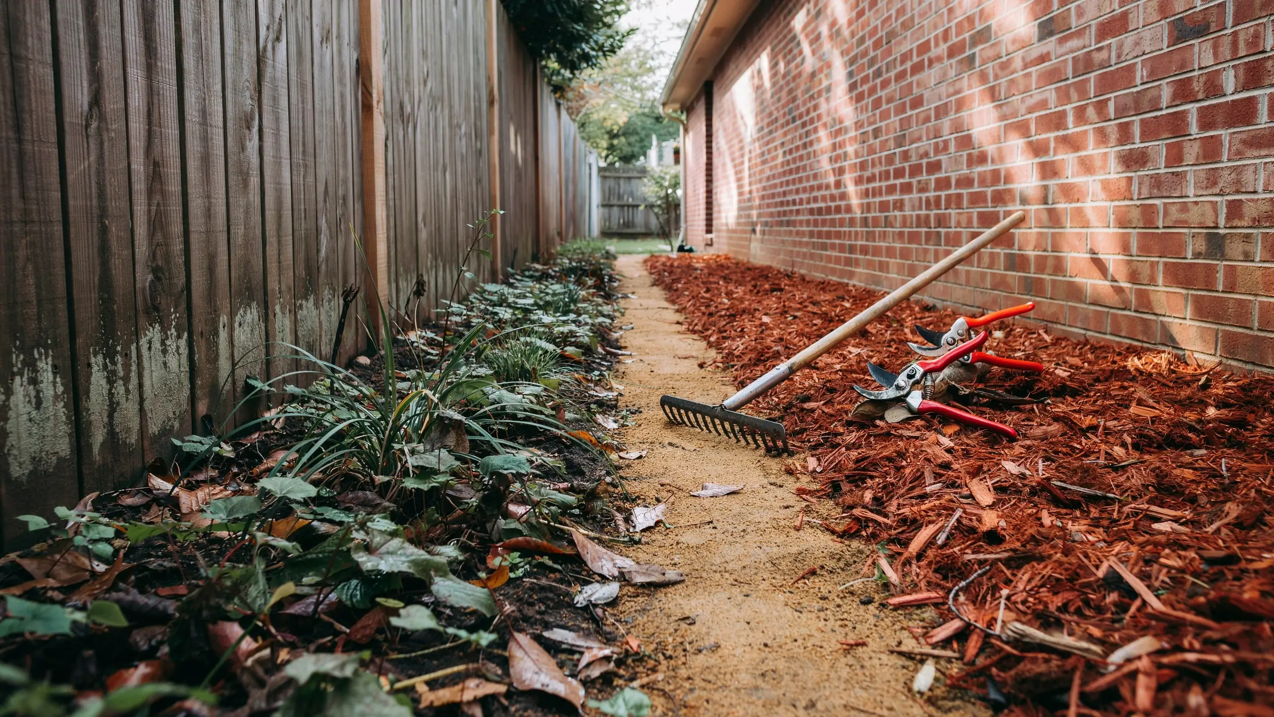 "Pruning shears and a rake placed on fresh brown mulch in a side yard, demonstrating the clearance of damp overgrown foliage along a wooden fence to eliminate mosquito breeding habitats."