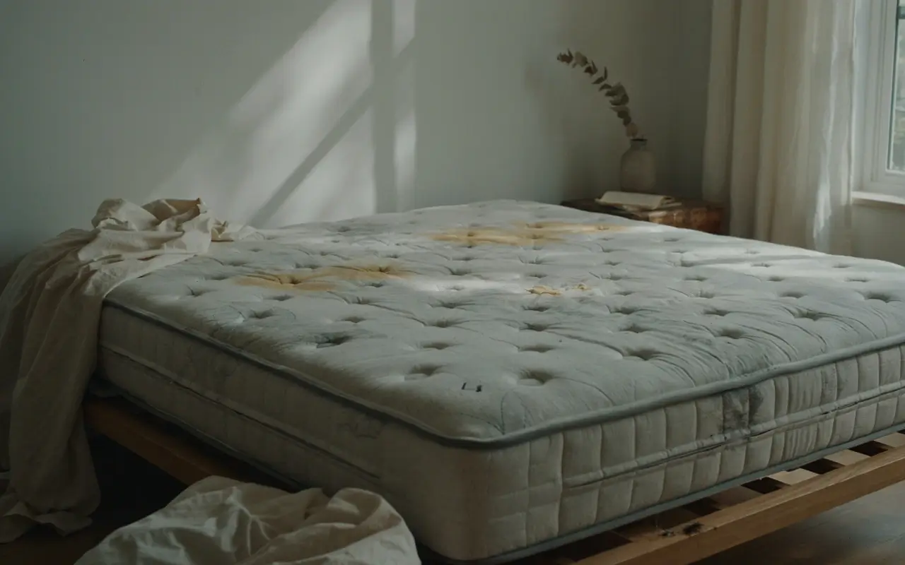 Stained and discolored mattress with rumpled bedding, showing signs it needs a deep clean.