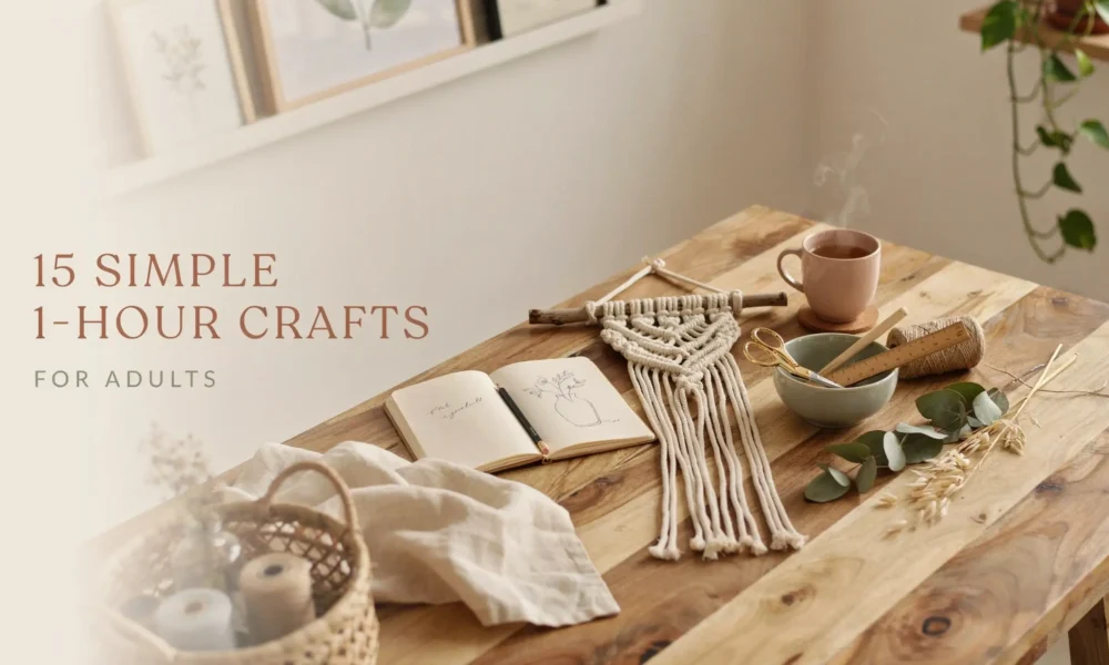 Cozy craft table with a macrame project, yarn, scissors, notebook, and steaming tea, illustrating simple 1-hour crafts for adults.