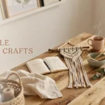 Cozy craft table with a macrame project, yarn, scissors, notebook, and steaming tea, illustrating simple 1-hour crafts for adults.