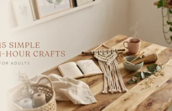 Cozy craft table with a macrame project, yarn, scissors, notebook, and steaming tea, illustrating simple 1-hour crafts for adults.