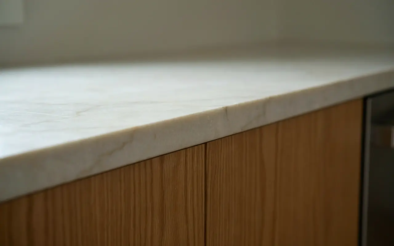 Simple eased-edge white countertop above warm wood kitchen cabinets for a clean modern look