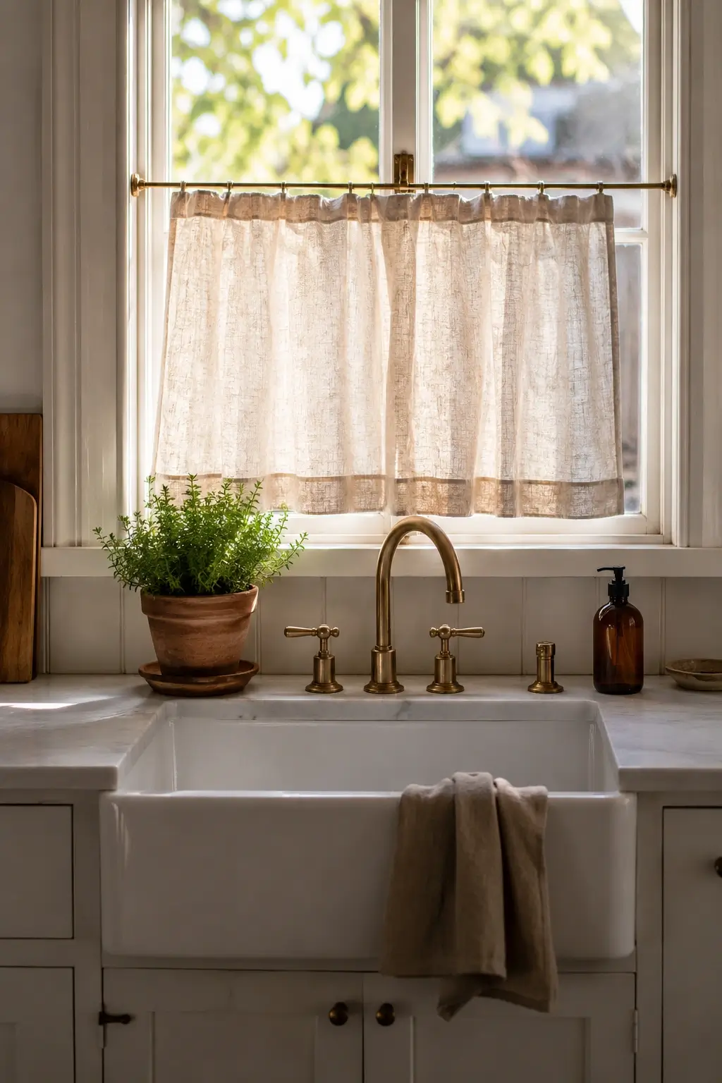 Linen café curtain filtering sunlight over a farmhouse kitchen sink with brass faucet and potted herb.