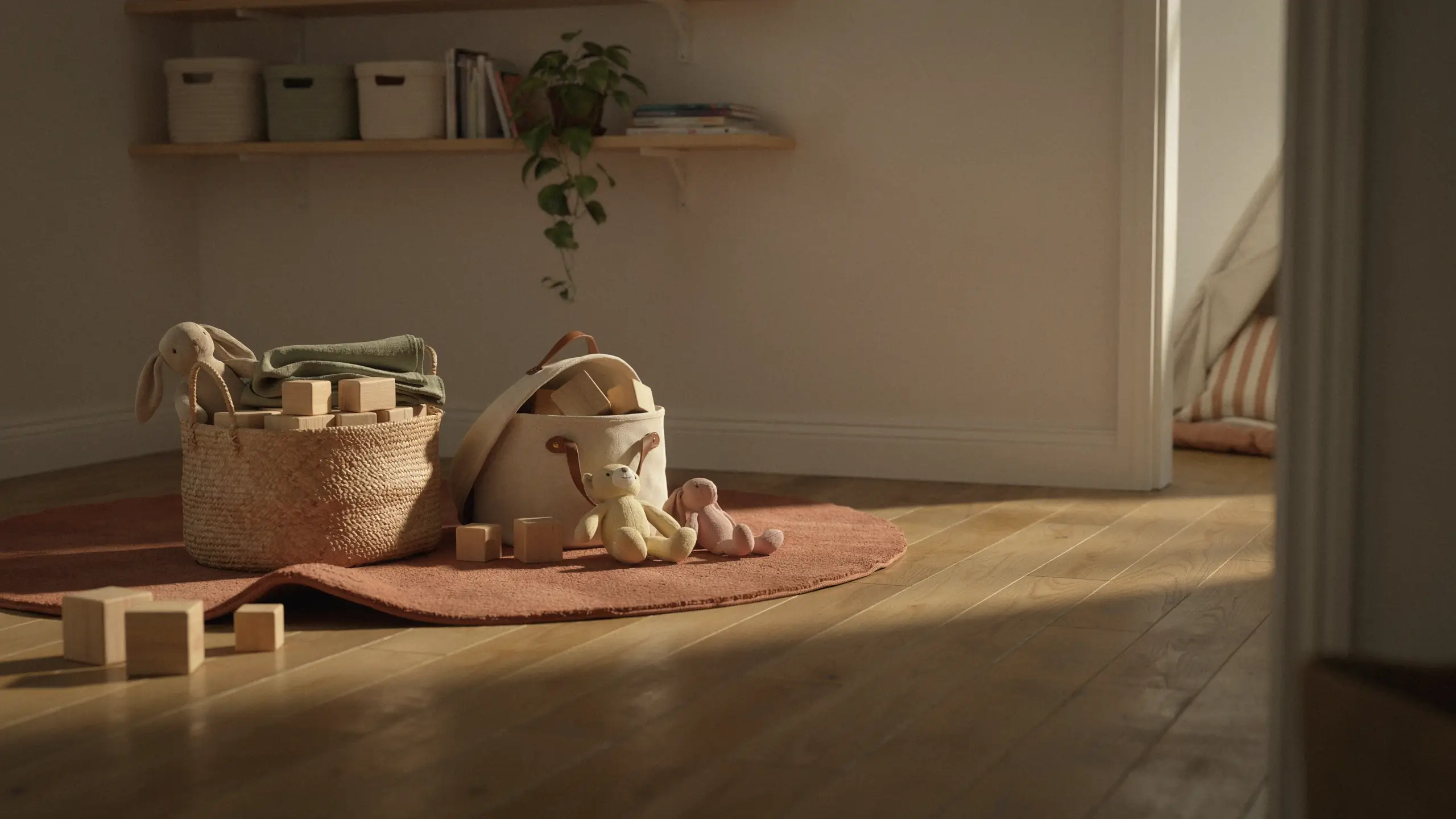 A minimalist playroom with neatly organized wooden toys and plush bunnies on a dusty pink rug, illustrating a tidy space achieved through a simple toy timer cleanup habit.