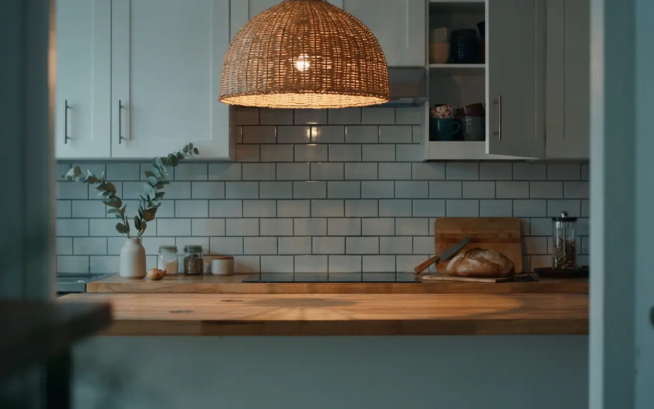 Rattan pendant light centered over a wood kitchen counter with white cabinets and subway tile backsplash