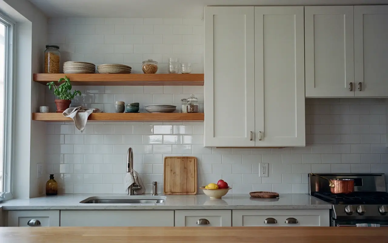 Single-wall kitchen with open wood shelves beside the sink and closed cabinets above the stove.