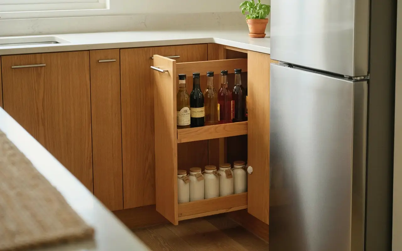 Narrow pull-out pantry beside a fridge stores oils, spice bottles, and jars in a warm wood kitchen.
