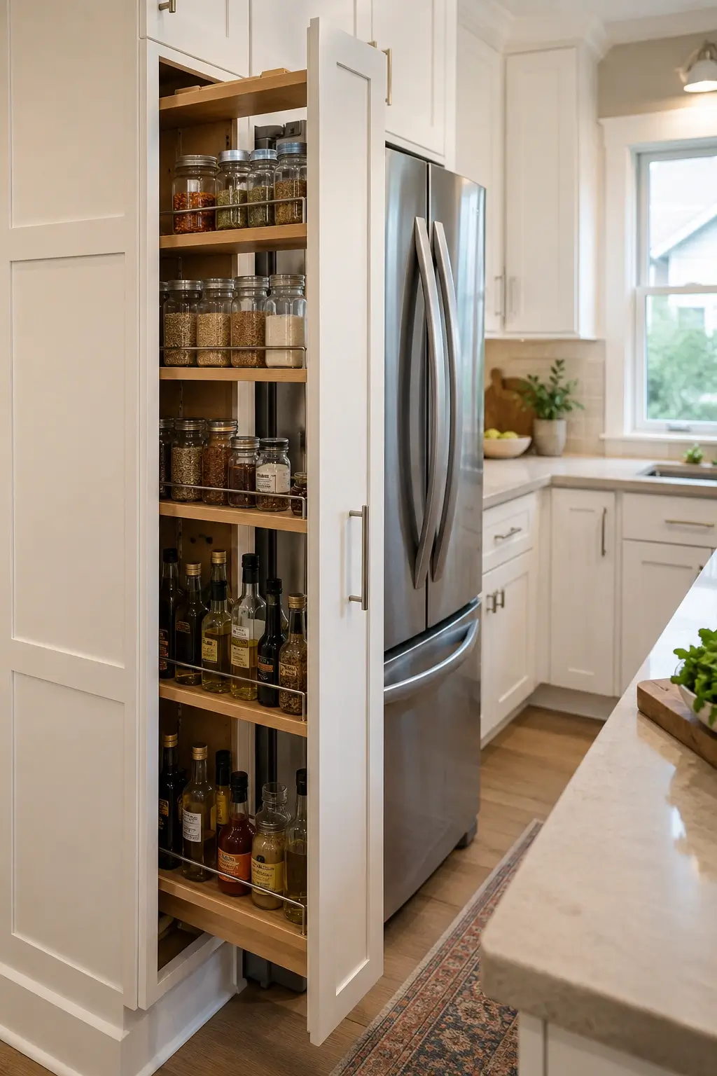 Six-inch pull-out pantry beside a refrigerator storing oils, spices, and tiny jars in a narrow kitchen cabinet.