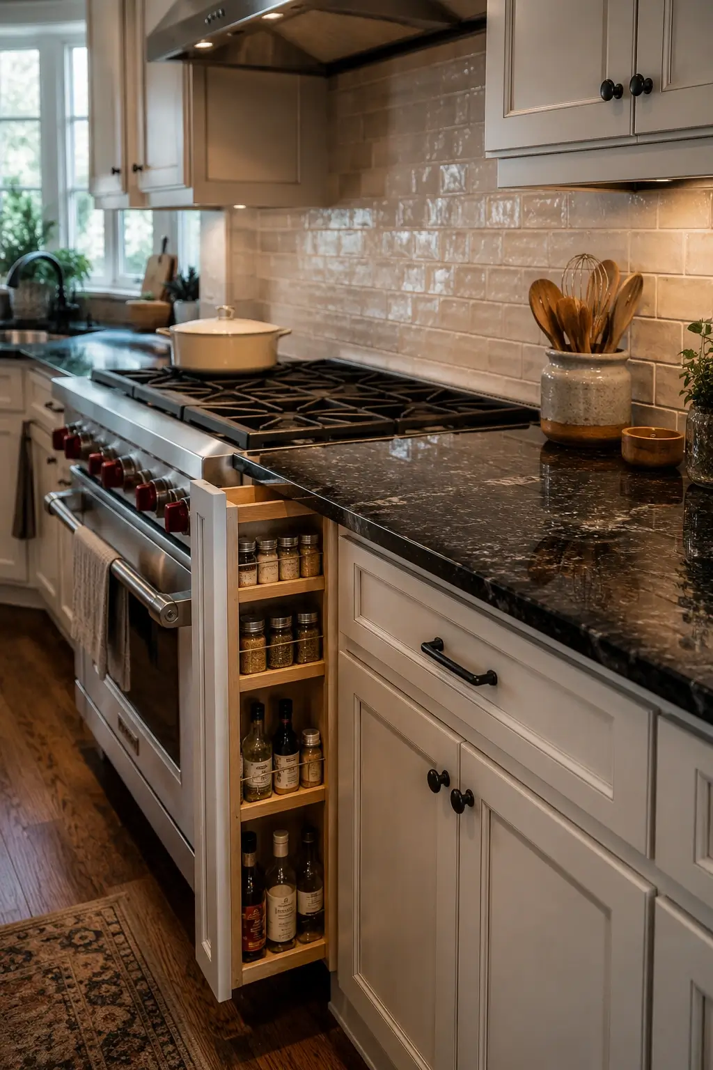 Six-inch pull-out spice rack beside a range with black stone counter and glossy tile backsplash