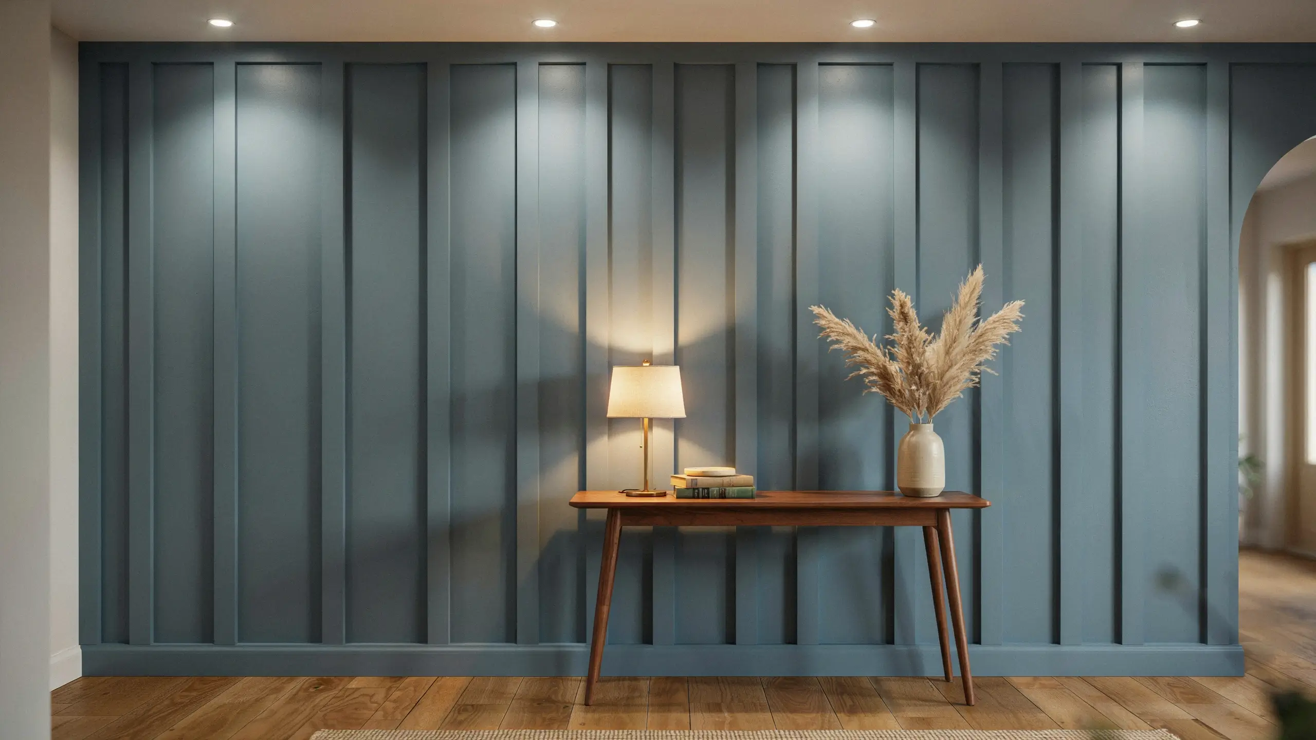 Slate blue board and batten accent wall with a wooden console table, warm table lamp, and dried pampas grass in a modern entryway. 