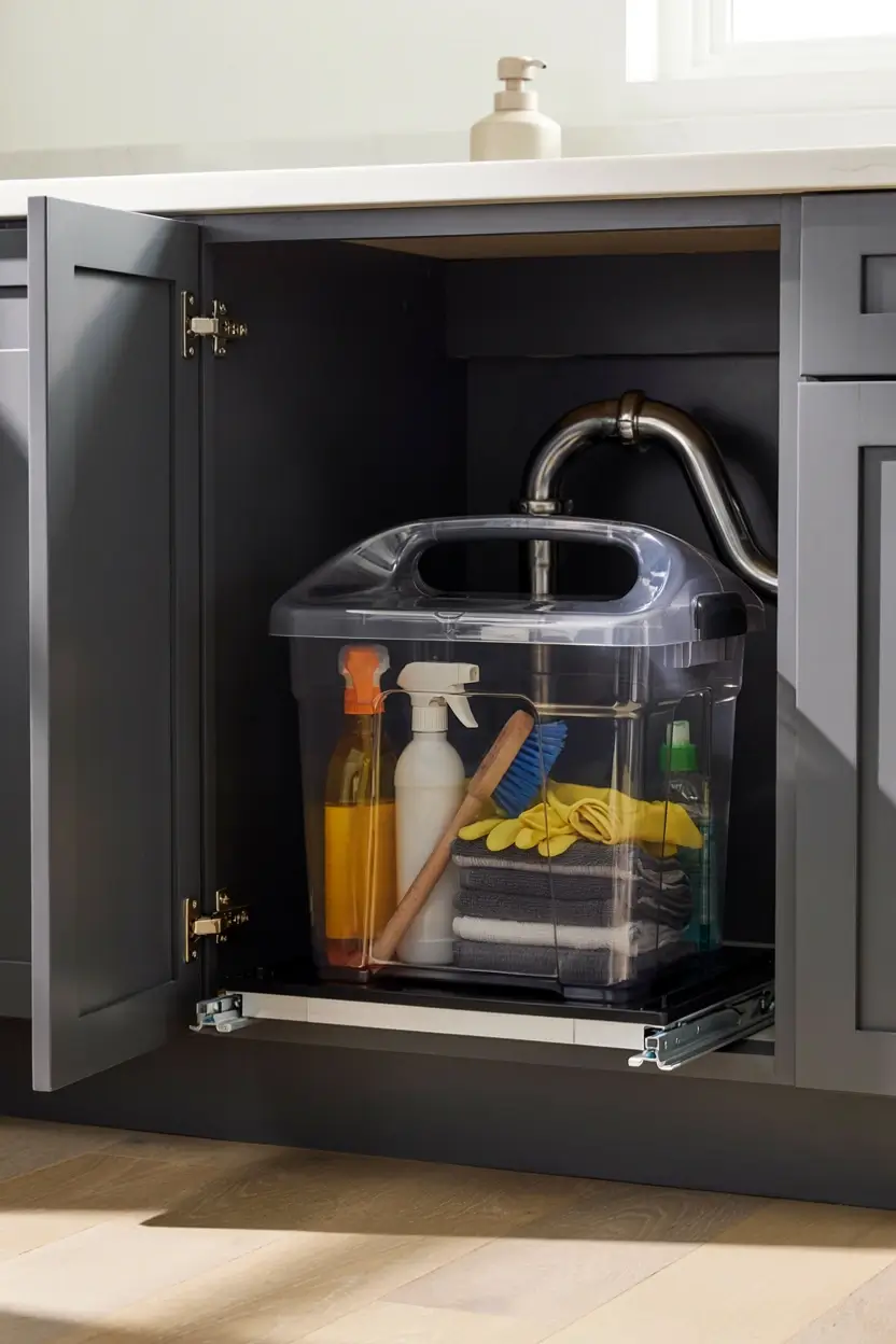 Slide-out tote organizing cleaning bottles, gloves and cloths under a kitchen sink